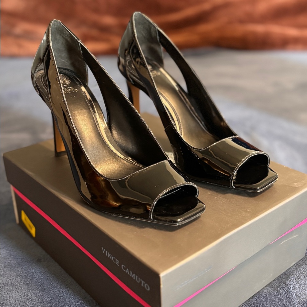 Vince Camuto Black Patent Leather Peep-Toe Heels